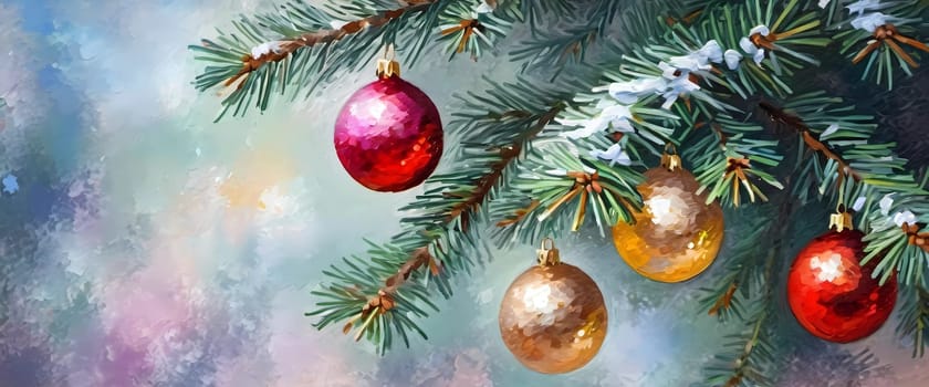 Sparkling ornament balls in vibrant red and gold hang from a lush spruce tree branch. Soft, warm lights twinkle enhancing festive spirit of Christmas. Happy New Year. Art drawing. Generative AI.