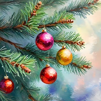 Sparkling ornament balls in vibrant red and gold hang from a lush spruce tree branch. Soft, warm lights twinkle enhancing festive spirit of Christmas. Happy New Year. Art drawing. Generative AI.