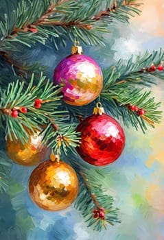 Sparkling ornament balls in vibrant red and gold hang from a lush spruce tree branch. Soft, warm lights twinkle enhancing festive spirit of Christmas. Happy New Year. Art drawing. Generative AI.