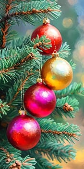 Sparkling ornament balls in vibrant red and gold hang from a lush spruce tree branch. Soft, warm lights twinkle enhancing festive spirit of Christmas. Happy New Year. Art drawing. Generative AI.