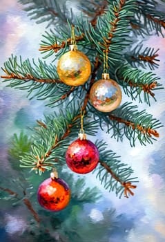 Sparkling ornament balls in vibrant red and gold hang from a lush spruce tree branch. Soft, warm lights twinkle enhancing festive spirit of Christmas. Happy New Year. Art drawing. Generative AI.