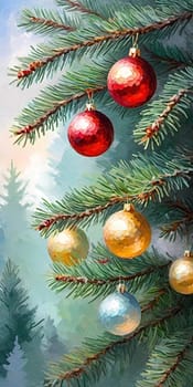Sparkling ornament balls in vibrant red and gold hang from a lush spruce tree branch. Soft, warm lights twinkle enhancing festive spirit of Christmas. Happy New Year. Art drawing. Generative AI.