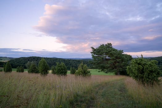 Panoramic image of summer landscape within the Eifel close to Blankenheim during sunrise, North Rhine Westphalia, Germany