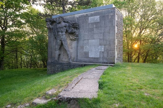 Vogelsang, Germany - May 15, 2024: Panoramic image of historic place of Vogelsang during sunrise on May 15, 2024 in North Rhine Westphalia, Germany