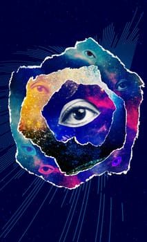 Woman in science. Female astrophysicist, fusion explore space, astronomical objects. Concept of travel - art collage or design about space, research and aliens
