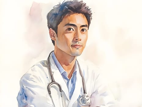 Professional Confident Watercolor Male Men Asian Medicine Medical Doctor