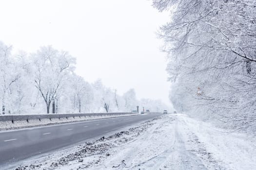 winter interstate road with snow covered trees at overcast day.