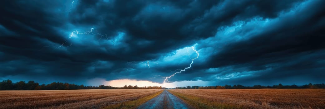 Powerful lightning strike with dark blue and black storm clouds above dirt road and field. Scary lightning bolt in night sky.