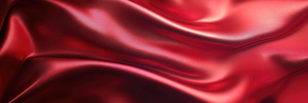 Red soft satin fabric waves background design. Texture with smooth flowing patterns and light shiny effect.