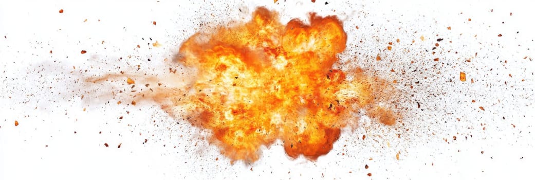 Fire explosion on white background. Yellow and orange flame after a blast, fiery background.