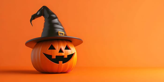 A carved pumpkin with a witch's hat sits on an orange background. It's smiling cheerfully for Halloween!