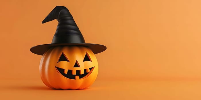 A jack-o-lantern pumpkin with a witch's hat, a classic Halloween decoration
