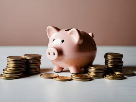 Pink piggy bank on table