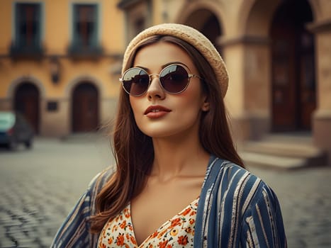 Vintage retro woman in town