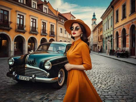 Vintage retro woman in town