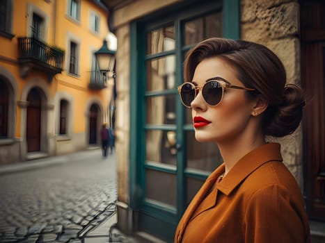 Vintage retro woman in town