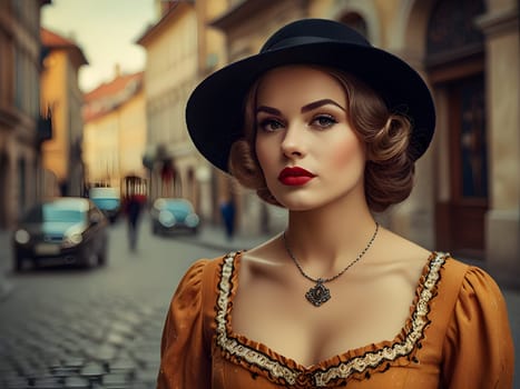 Vintage retro woman in town