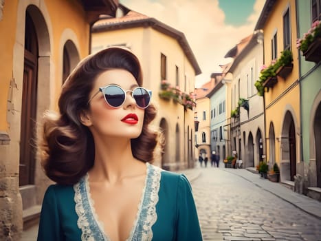 Vintage retro woman in town