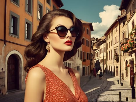Vintage retro woman in town