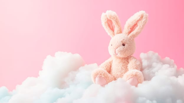 A cute plushie rabbit sitting on a soft cloud against pink background. AI generated