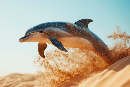 A lonely dolphin in a desert jumping out from the sand. AI generated