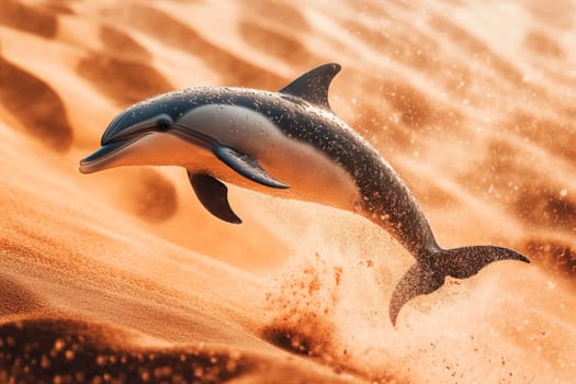 A lonely dolphin jumping out from the sand on a desert. AI generated
