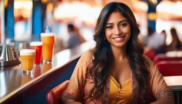gorgeous indian woman at american diner bar, AI generated image