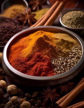 many hot indian spices including curry and curcuma, AI generated image