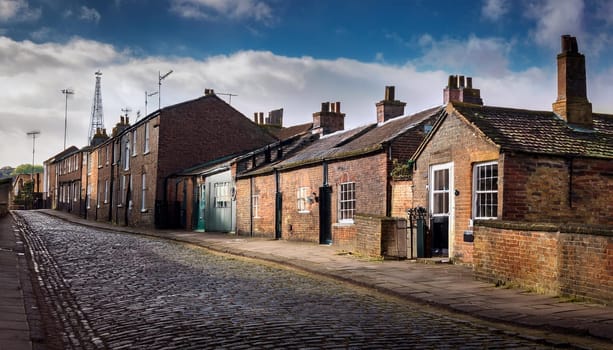 red brick houses in british industrial revolution slums, AI generated image