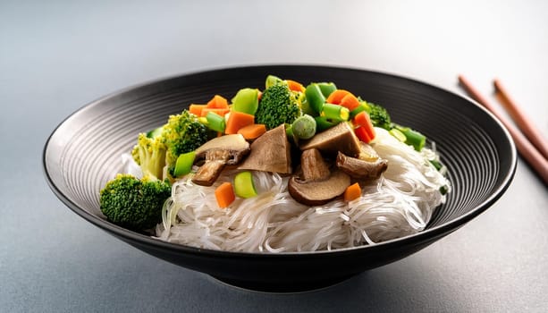 asian rice noodles with shiitake mushrooms and vegetables, AI generated image