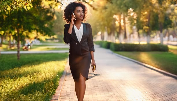 gorgeous elegant business woman talking on mobile phone, AI generated image