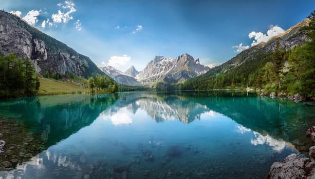 alpine mountains lake landscape view, AI generated image