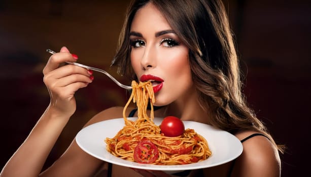 gorgeous young woman eating spaghetti al pomodoro, AI generated image