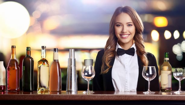 gorgeous young barmaid woman, AI generated image