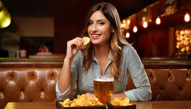 gorgeous young woman eating crisps drinking beer at the pub, AI generated image