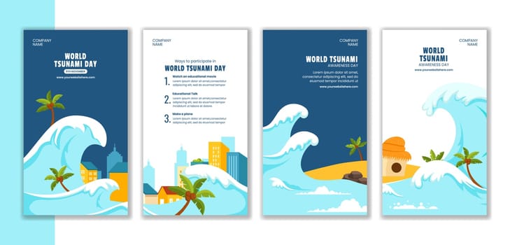 Tsunami Day Global Awareness Social Media Stories Flat Cartoon Template Illustration