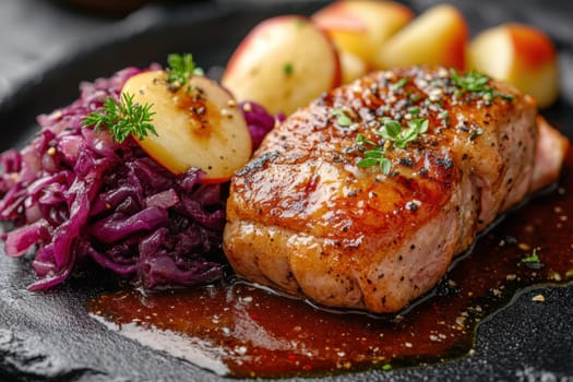 Duck fillet,red cabbage and apple mousse. AI generative.