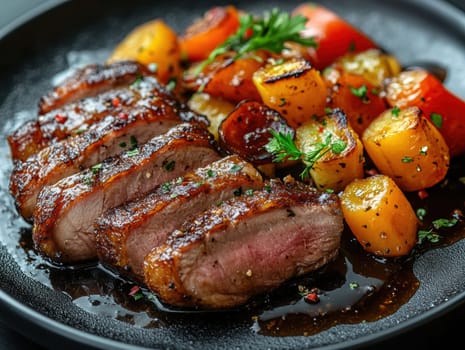 cooked duck breast, accompanied by a variety of caramelized vegetables. AI generative.