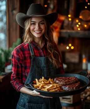 "A photorealistic stock image of an American steak and fries on a rustic wooden table. The steak is perfectly grilled, with visible char marks and juices, paired with crispy golden fries. A smiling waitress in cowboy attire serves the dish, wearing a cowboy hat, plaid shirt, leather vest, and jeans. The background captures the ambiance of a cozy, Western-style restaurant with warm, dim lighting. The image should have sharp details and lifelike colors, emulating high-resolution photography shot with a Hasselblad X2D camera for a professional, realistic feel. --chaos 20 --ar 5:6 --style raw --stylize 300 --v 6.1 Job ID: 2904b1f5-068b-4c96-8111-65e387a10e7d"