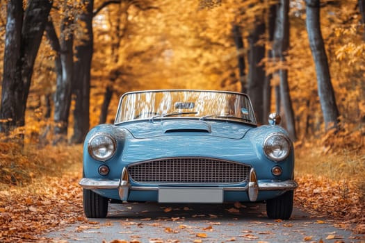 classic car on road with autumn landscape . AI generative.
