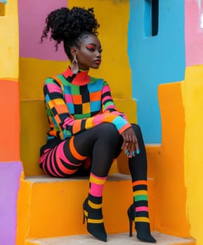 An elegant and sophisticated model  wearing a ready-to-wear collection in a vibrant pop art probabilistic color palette.Ai generative.