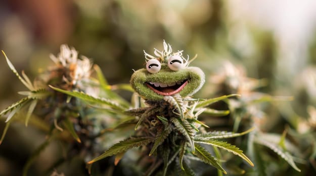 cannibis buds with a happy realistic face on a cannibis plant . AI generative.