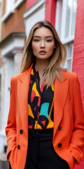 An elegant and sophisticated model  wearing a ready-to-wear collection in a vibrant pop art probabilistic color palette.Ai generative.
