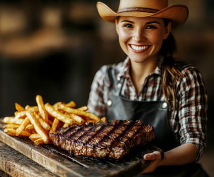 "A photorealistic stock image of an American steak and fries on a rustic wooden table. The steak is perfectly grilled, with visible char marks and juices, paired with crispy golden fries. A smiling waitress in cowboy attire serves the dish, wearing a cowboy hat, plaid shirt, leather vest, and jeans. The background captures the ambiance of a cozy, Western-style restaurant with warm, dim lighting. The image should have sharp details and lifelike colors, emulating high-resolution photography shot with a Hasselblad X2D camera for a professional, realistic feel. --chaos 20 --ar 6:5 --style raw --stylize 300 --v 6.1 Job ID: c590e8c5-066a-4106-9d9e-7b54a71f0c58"