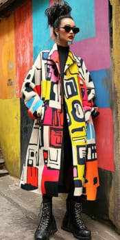An elegant and sophisticated model  wearing a ready-to-wear collection in a vibrant pop art probabilistic color palette.Ai generative.