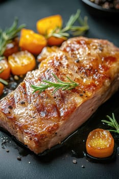 cooked duck breast, accompanied by a variety of caramelized vegetables. AI generative.