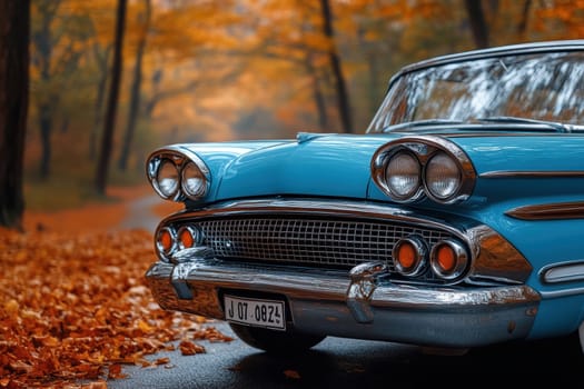 classic car on road with autumn landscape . AI generative.