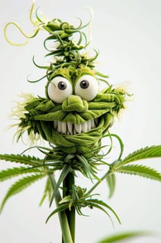 cannibis buds with a happy realistic face on a cannibis plant . AI generative.
