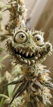 cannibis buds with a happy realistic face on a cannibis plant . AI generative.
