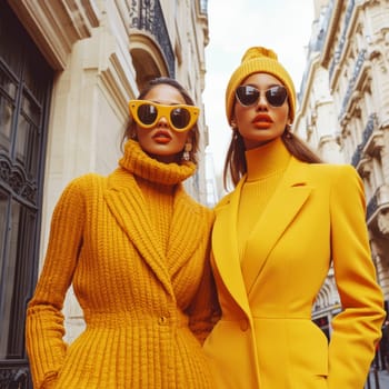 Women photographed on the street, all 70s style. AI generative